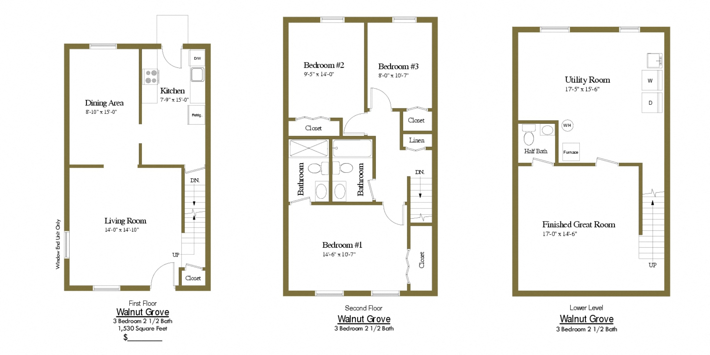 Floor plan for 3 beds, 2.5 baths, 1600 sqft